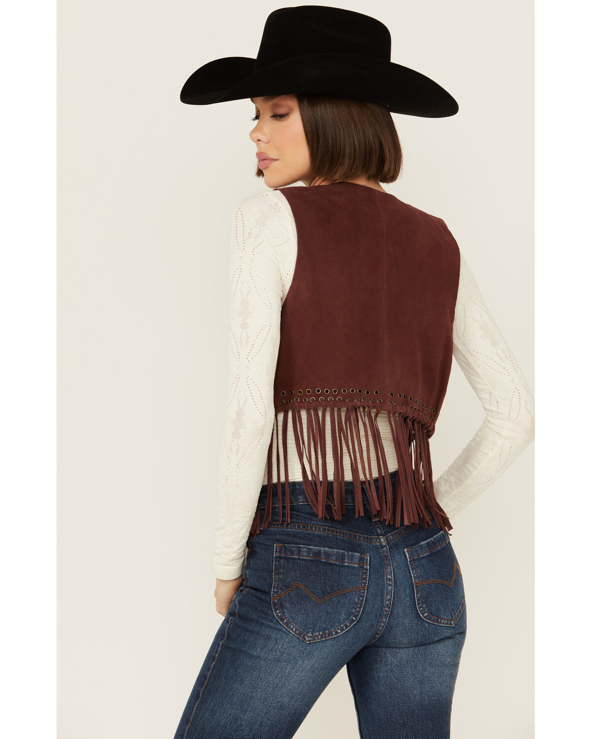 Image #4 - Shyanne Women's Short Fringe and Eyelet Suede Vest, Brown, hi-res