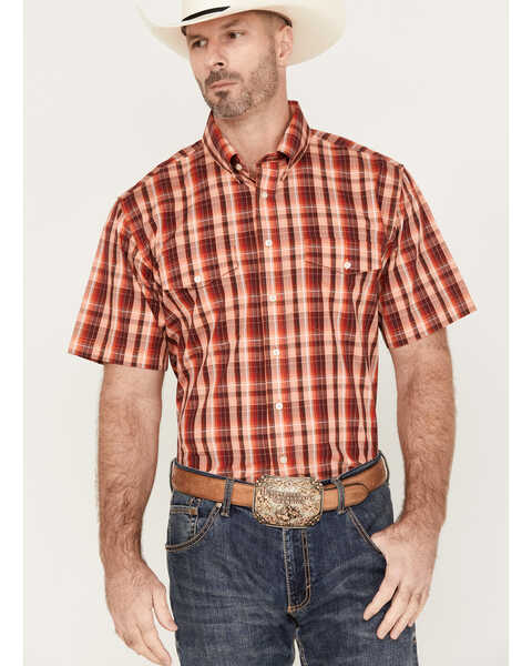 Image #1 - Panhandle Select Men's Plaid Print Short Sleeve Button-Down Western Shirt , Orange, hi-res
