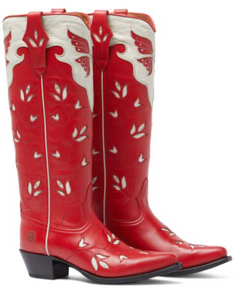 Image #1 - Ranch Road Boots Women's Scarlett Butterfly Tall Western Boots - Snip Toe , Red, hi-res