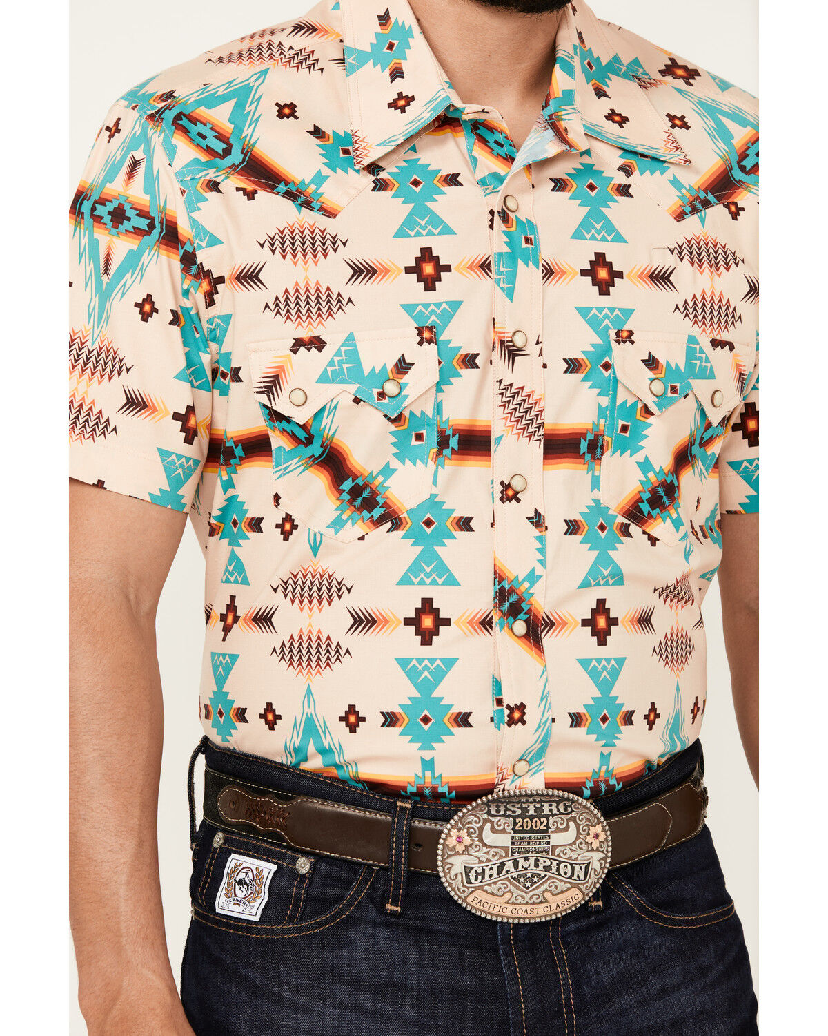 Image #3 - Rock & Roll Denim Men's Southwestern Print Short Sleeve Snap Stretch Western Shirt, Natural, hi-res