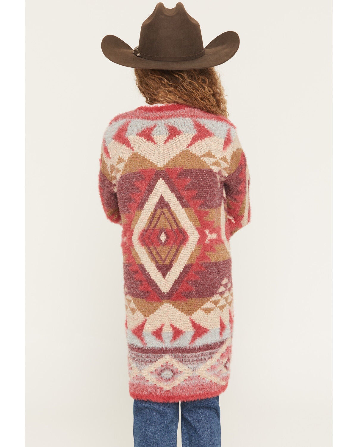 Image #4 - Shyanne Girls' Southwestern Print Eyelash Yarn Cardigan, Red, hi-res