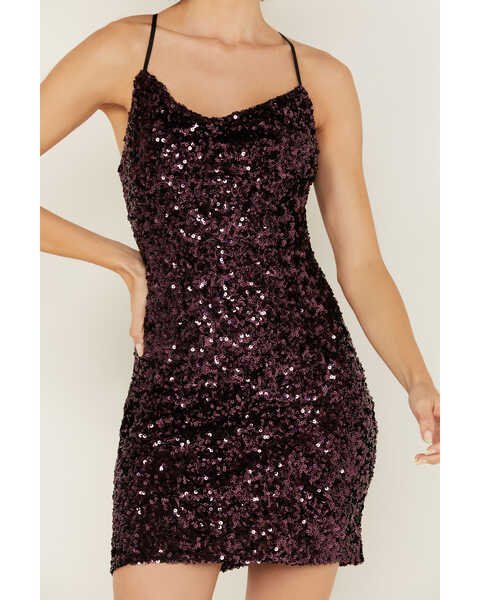 Image #3 - En Creme Women's Cowl Neck Sequin Mini Dress , Purple, hi-res