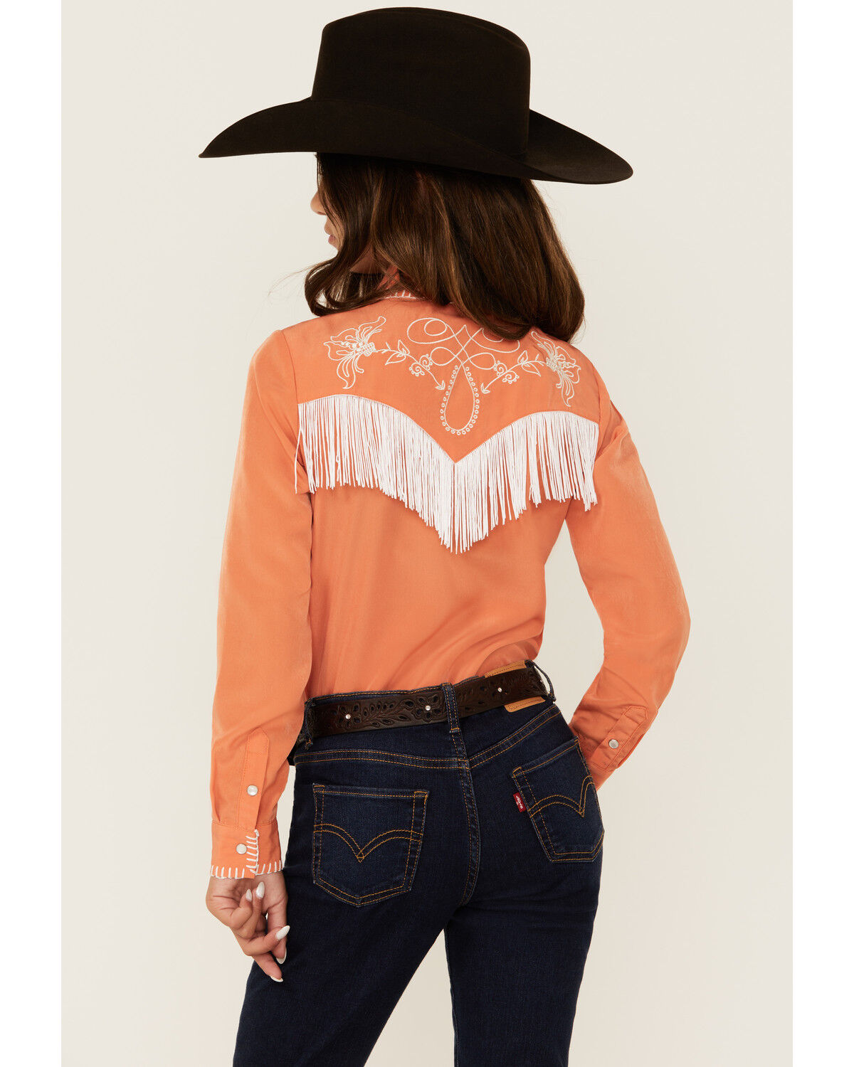 Image #4 - Rock & Roll Denim Girls' Fringe Long Sleeve Pearl Snap Western Shirt, Orange, hi-res