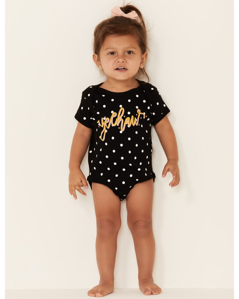Rodeo Quincy Infant Girls' Black Polka Dot Yee Haw Graphic Short Sleeve Onesie, Black, hi-res