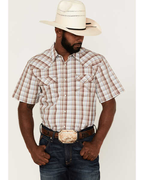 Image #1 - Cody James Men's Mount Vernon Small Plaid Short Sleeve Pearl Snap Western Shirt , Brown/blue, hi-res