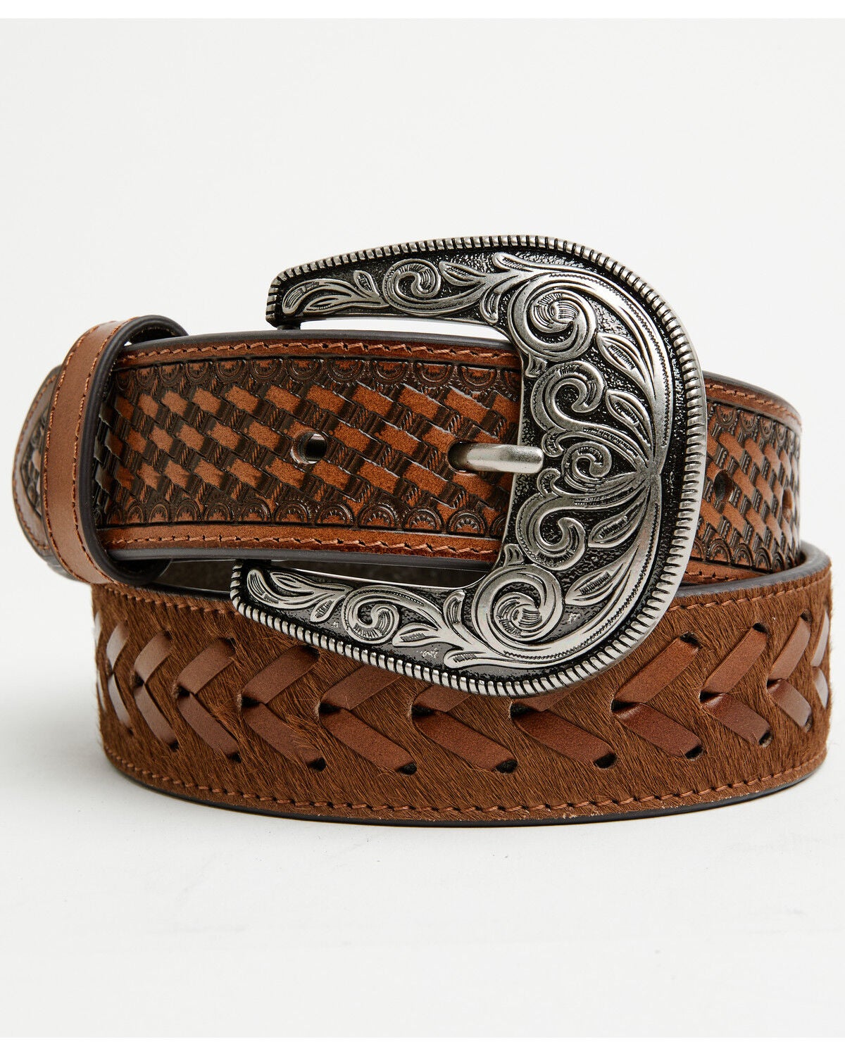 Cody James Men's Clyde Hairon Whipstitch Tooled Leather Belt, Brown, hi-res