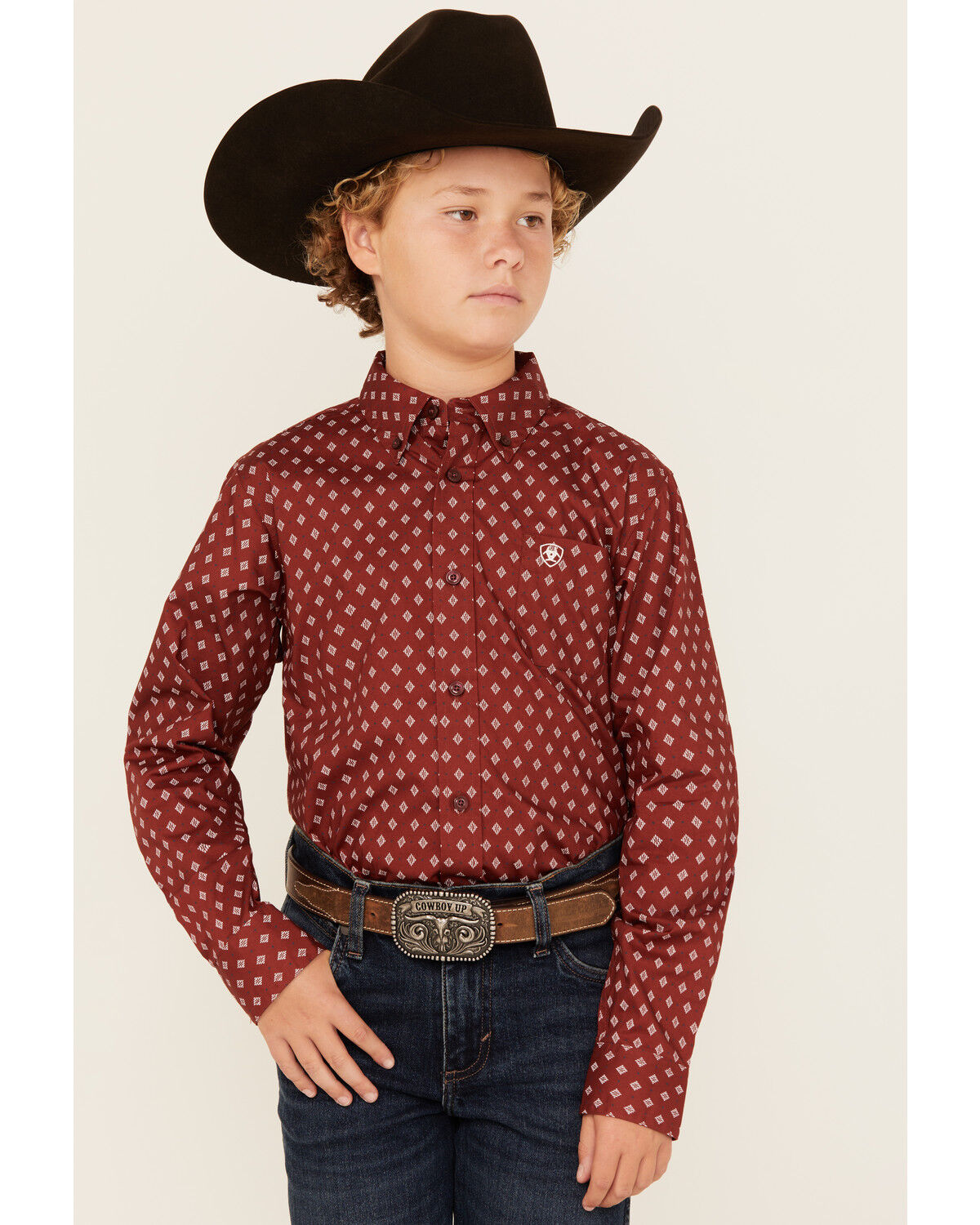 Image #1 - Ariat Boys' Classic Geo Print Long Sleeve Button-Down Western Shirt, Burgundy, hi-res