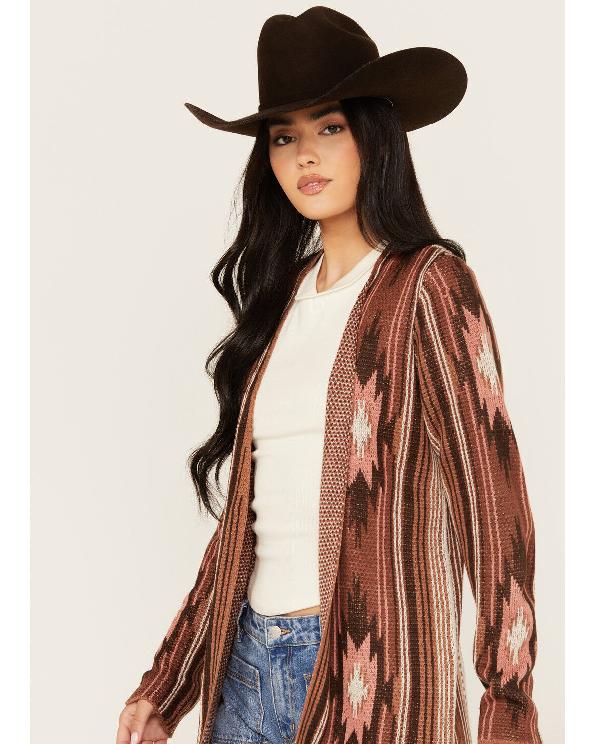 Image #2 - Rock & Roll Denim Women's Southwestern Print Long Sleeve Duster, Brown, hi-res