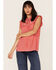 Panhandle Women's Floral Embroidered Swiss Dot Sleeveless Ruffle Shirt, Coral, hi-res