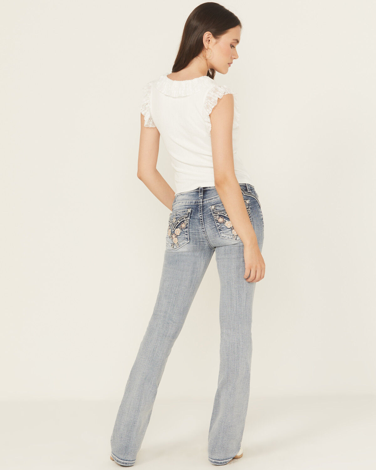 Image #1 - Miss Me Women's Light Wash Mid Rise Floral Embroidered Bootcut Stretch Denim Jeans, Light Wash, hi-res