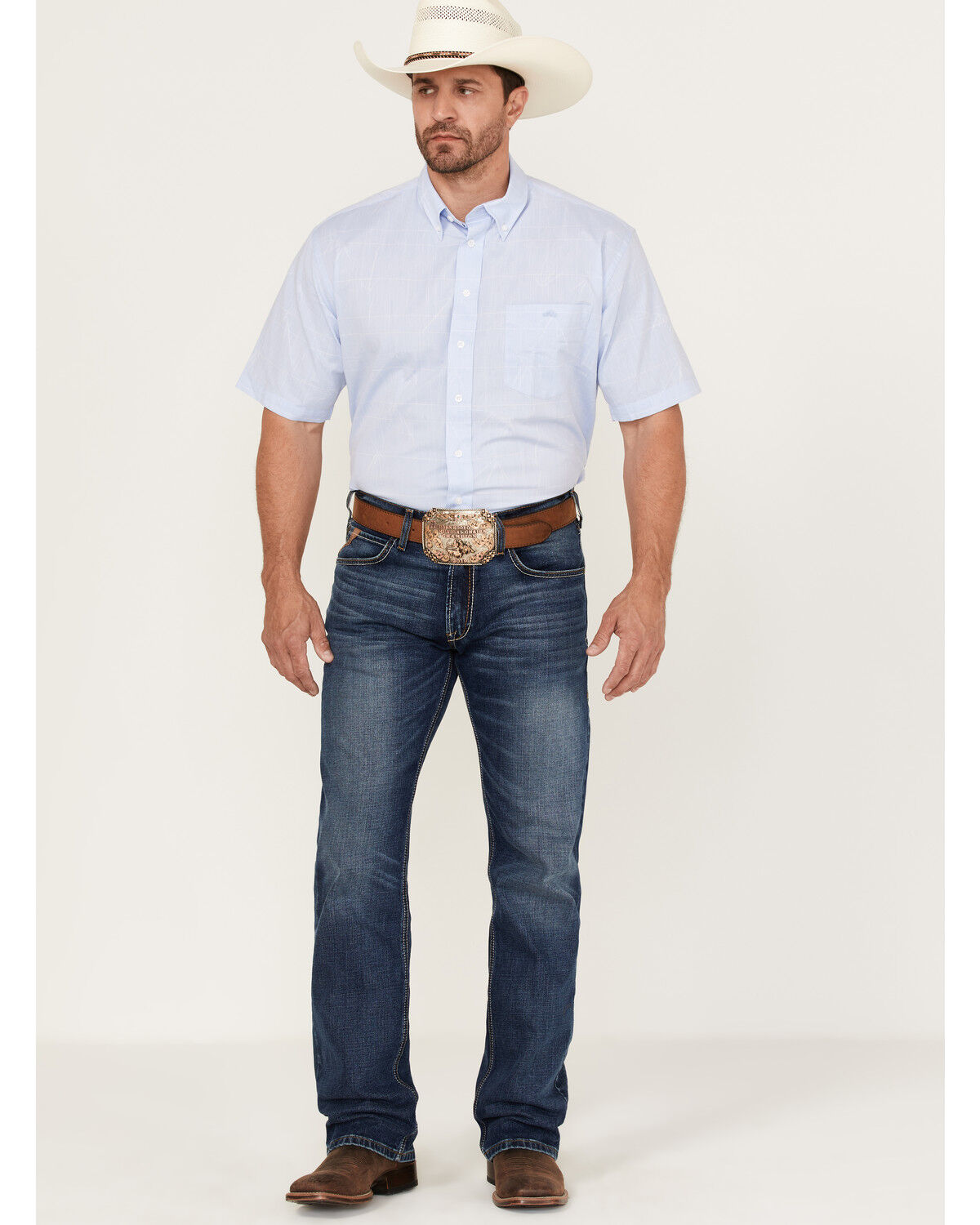 Image #2 - Resistol Men's Bell Solid Short Sleeve Button Down Western Shirt, Light Blue, hi-res
