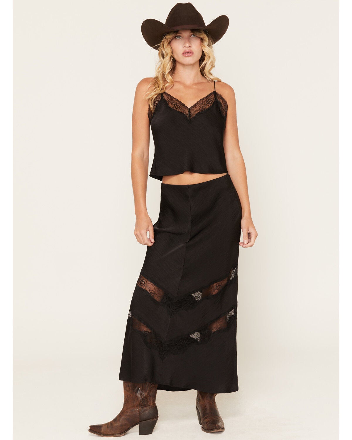 White Crow Women's Satin Lace Midi Skirt, Black, hi-res