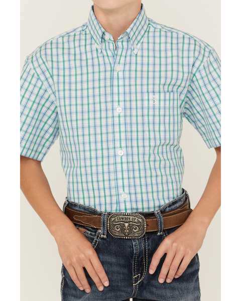 Image #3 - Panhandle Boys' Plaid Print Short Sleeve Button-Down Western Shirt , Aqua, hi-res