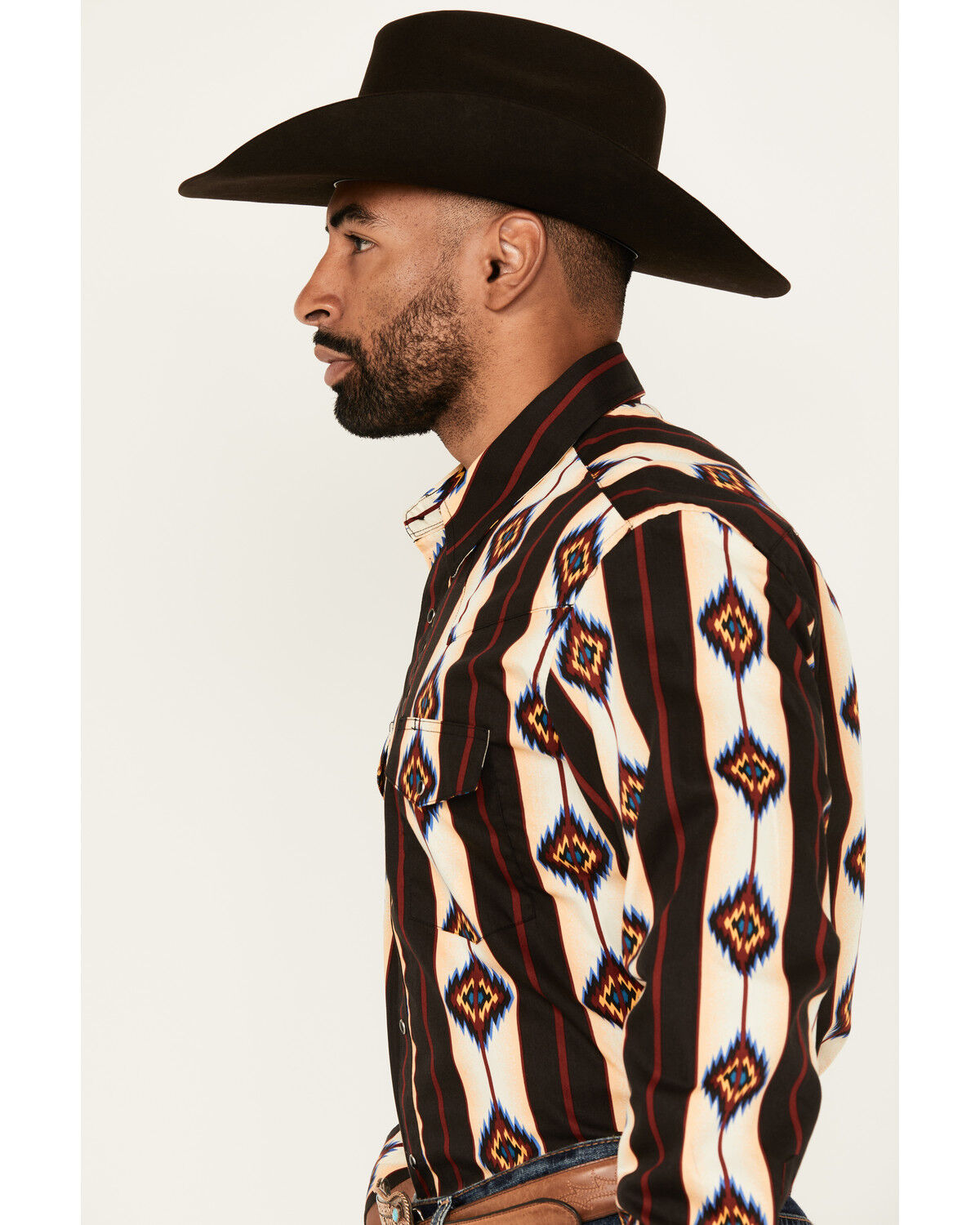 Image #2 - Wrangler Men's Checotah Southwestern Striped Long Sleeve Snap Western Shirt, Black, hi-res