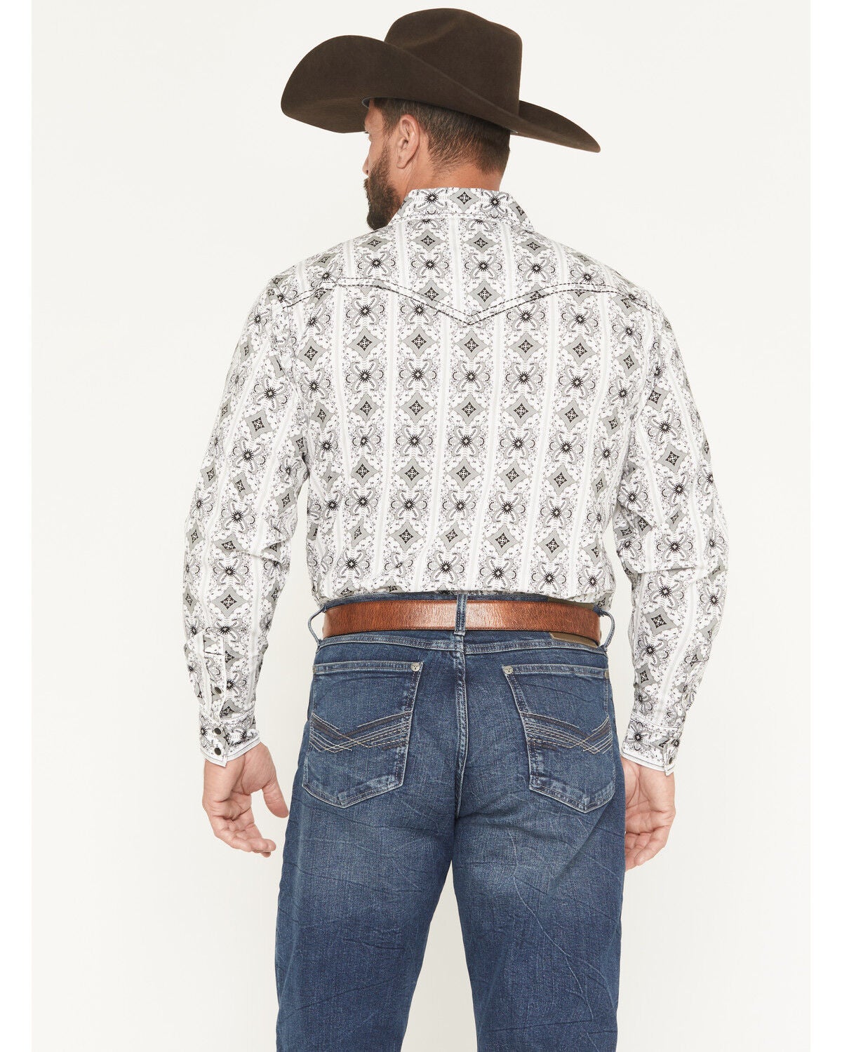Image #4 - Cowboy Hardware Men's Medallion Print Long Sleeve Snap Stretch Western Shirt, White, hi-res