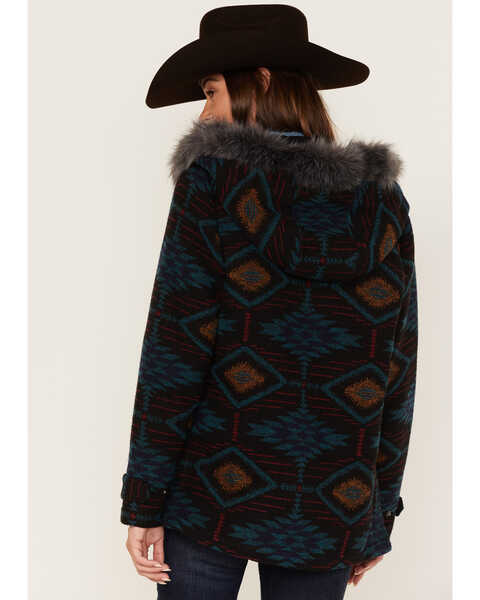 Image #4 - Outback Trading Co. Women's Southwestern Print Faux Fur Myra Coat, Teal, hi-res