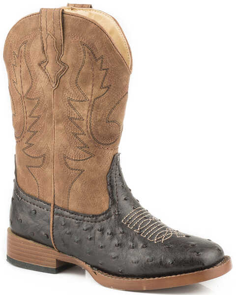 Image #1 - Roper Boys' Faux Ostrich Print Western Boots - Square Toe , Brown, hi-res