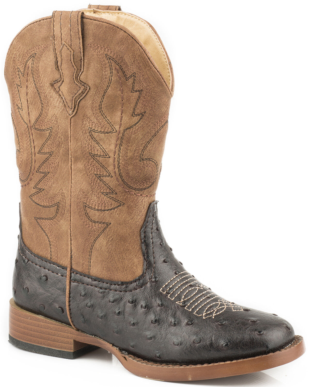 Image #1 - Roper Boys' Faux Ostrich Print Western Boots - Square Toe, Brown, hi-res