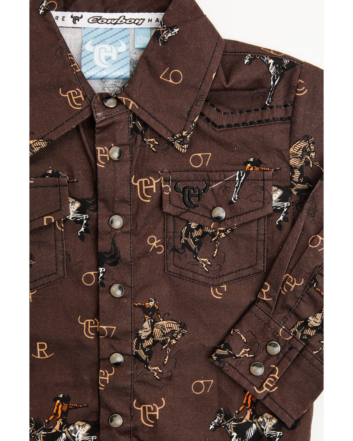 Image #2 - Cowboy Hardware Infant Boys' Bronc Print Long Sleeve Snap Onesie, Dark Brown, hi-res