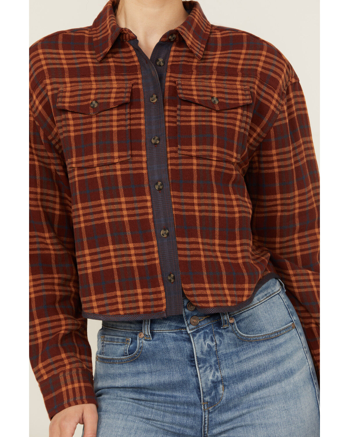 Image #3 - Cleo + Wolf Women's Chelsea Plaid Print Long Sleeve Button-Down Cropped Shirt, Brandy Brown, hi-res