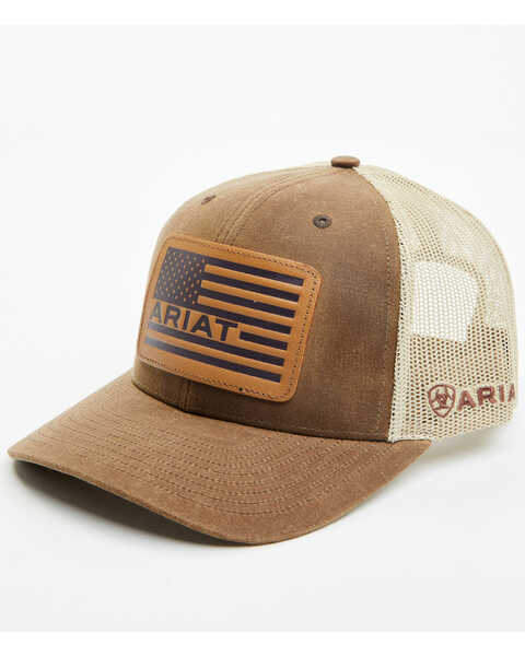 Image #1 - Ariat Men's Oil Skin USA Flag Patch Ball Cap , Brown, hi-res