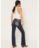 Image #1 - Miss Me Women's Medium Wash Mid Rise 32" Bootcut Fleur de Lis Pocket Stretch Denim Jeans, Dark Wash, hi-res
