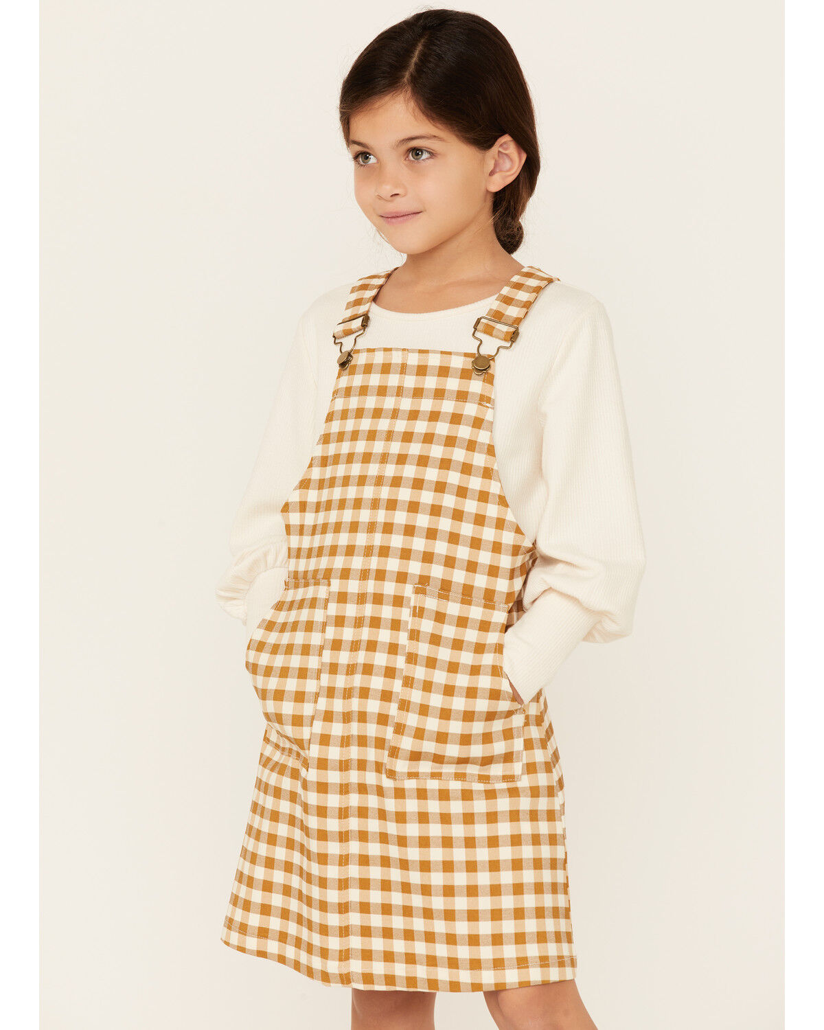 Image #4 - Hayden Girls' Checkered Overall Mini Dress, Mustard, hi-res