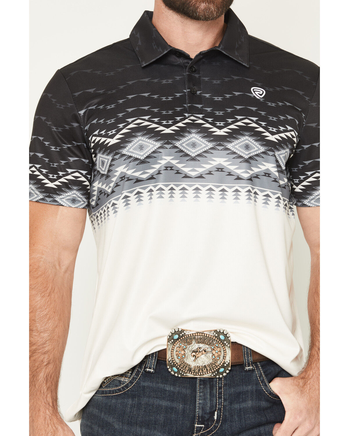Image #3 - Rock & Roll Denim Men's Southwestern Border Print Button-Down Stretch Polo, Black, hi-res