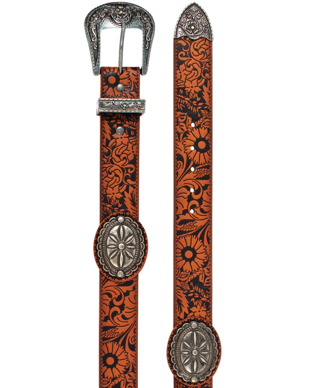 Catchfly Women's Floral Tooled Concho Leather Belt, Tan, hi-res