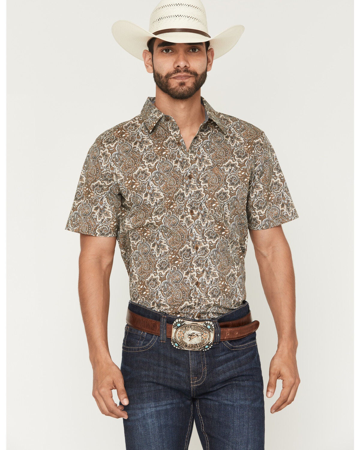 Image #1 - Cody James Men's Wells Floral Paisley Print Short Sleeve Button-Down Stretch Western Shirt - Tall, Rust Copper, hi-res