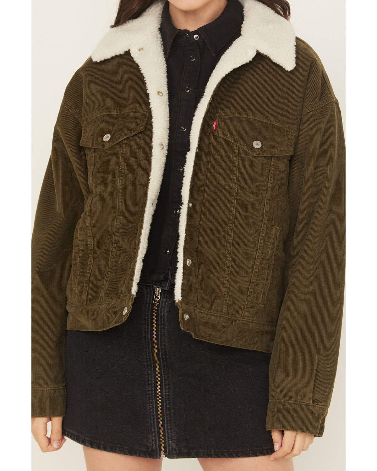 Image #3 - Levi's Women's Corduroy Sherpa Lined Snap Trucker Jacket, Olive, hi-res