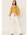 Smak Parlour Women's Floral Print Bell Sleeve Wrap Crop Top, Yellow, hi-res