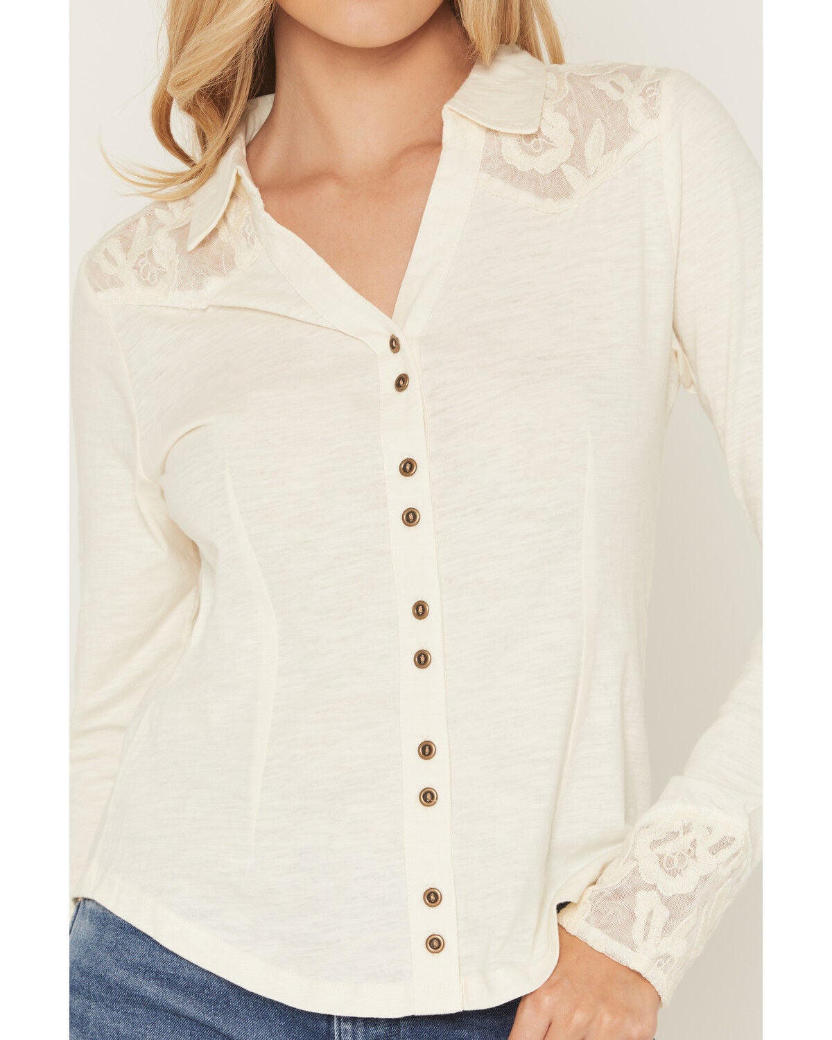 Image #4 - Shyanne Women's Solid Lace Wester Yoke Long Sleeve Button-Down Shirt, Cream, hi-res