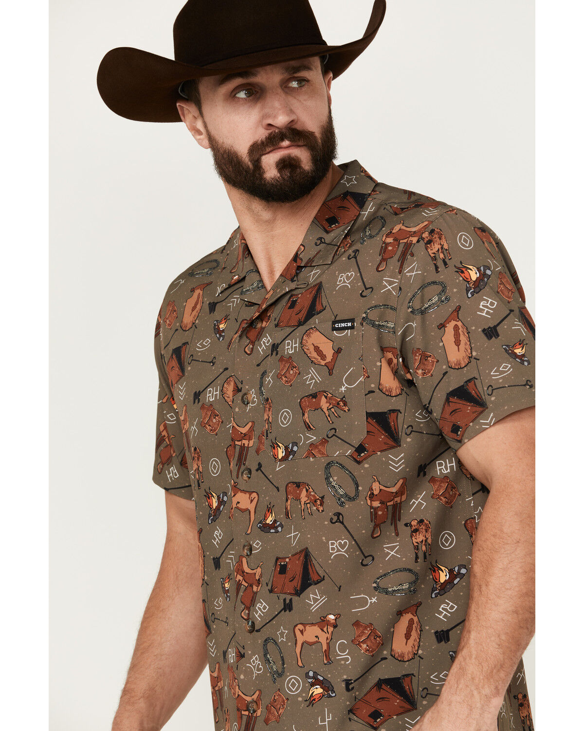 Image #2 - Cinch Men's Camp Conversational Print Short Sleeve Button-Down Performance Stretch Western Shirt, Brown, hi-res