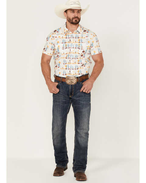 Image #2 - Dale Brisby Men's Cactus Conversational Print Short Sleeve Snap Western Shirt , Teal, hi-res