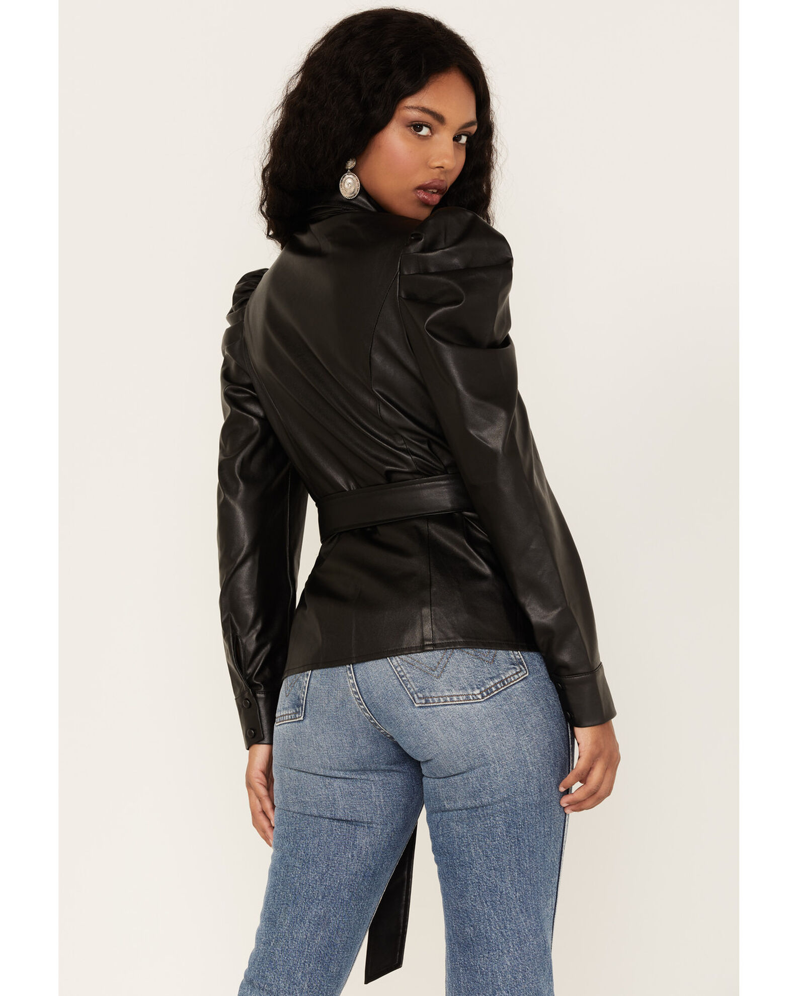 Puffed sleeve leather jacket top