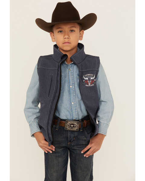 Image #1 - Cowboy Hardware Boys' Cowboy Nation Poly Shell Vest, Steel Blue, hi-res