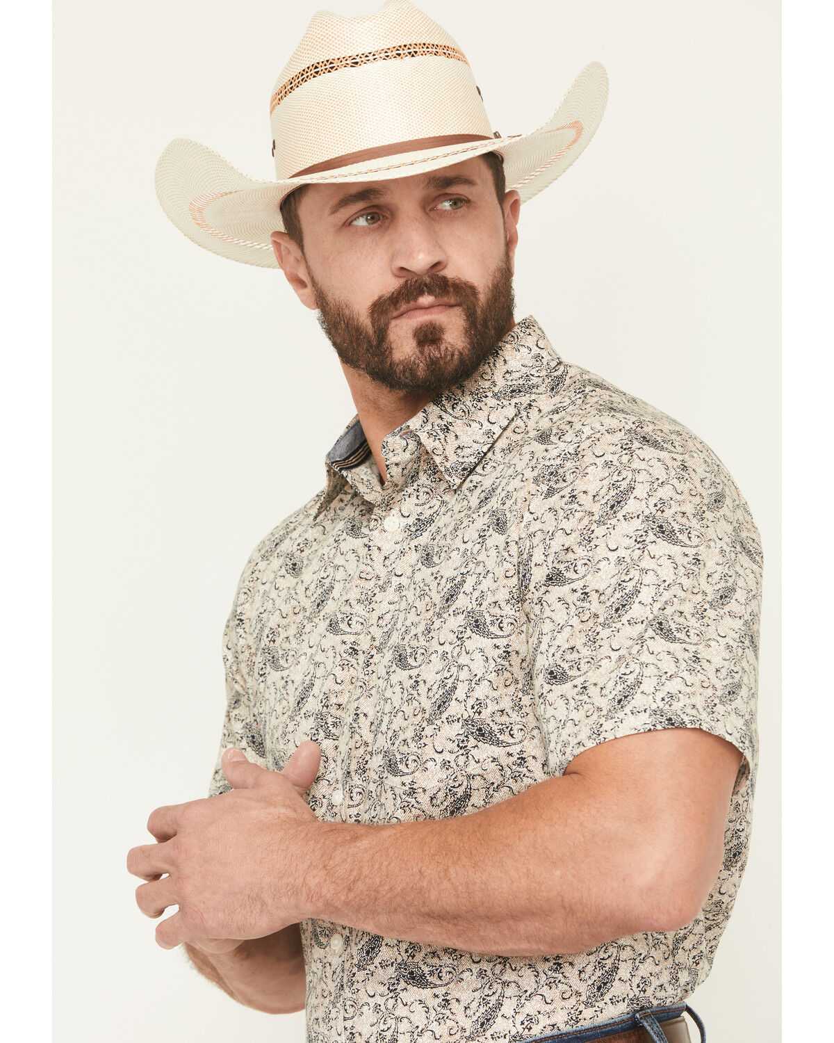 Image #2 - Cody James Men's Mustang Mode Paisley Print Short Sleeve Button-Down Stretch Western Shirt, Cream, hi-res