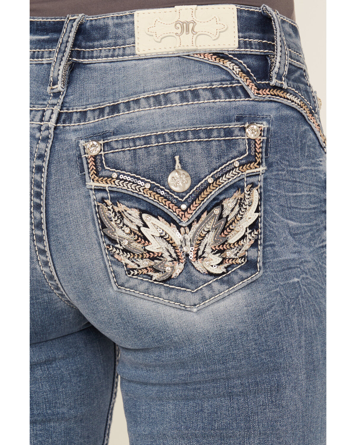 Image #2 - Miss Me Women's Medium Wash Wing Embroidered 30" Bootcut Stretch Jeans, Medium Wash, hi-res