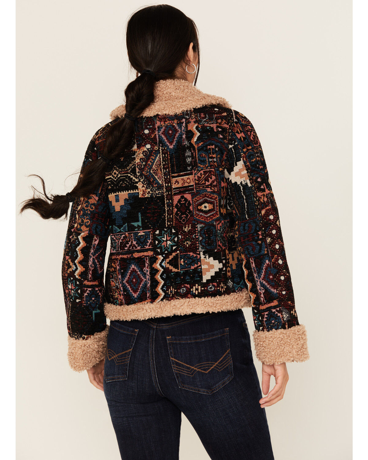 Image #4 - Shyanne Women's Tapestry Sherpa Lined Button-Down Cropped Jacket, Navy, hi-res