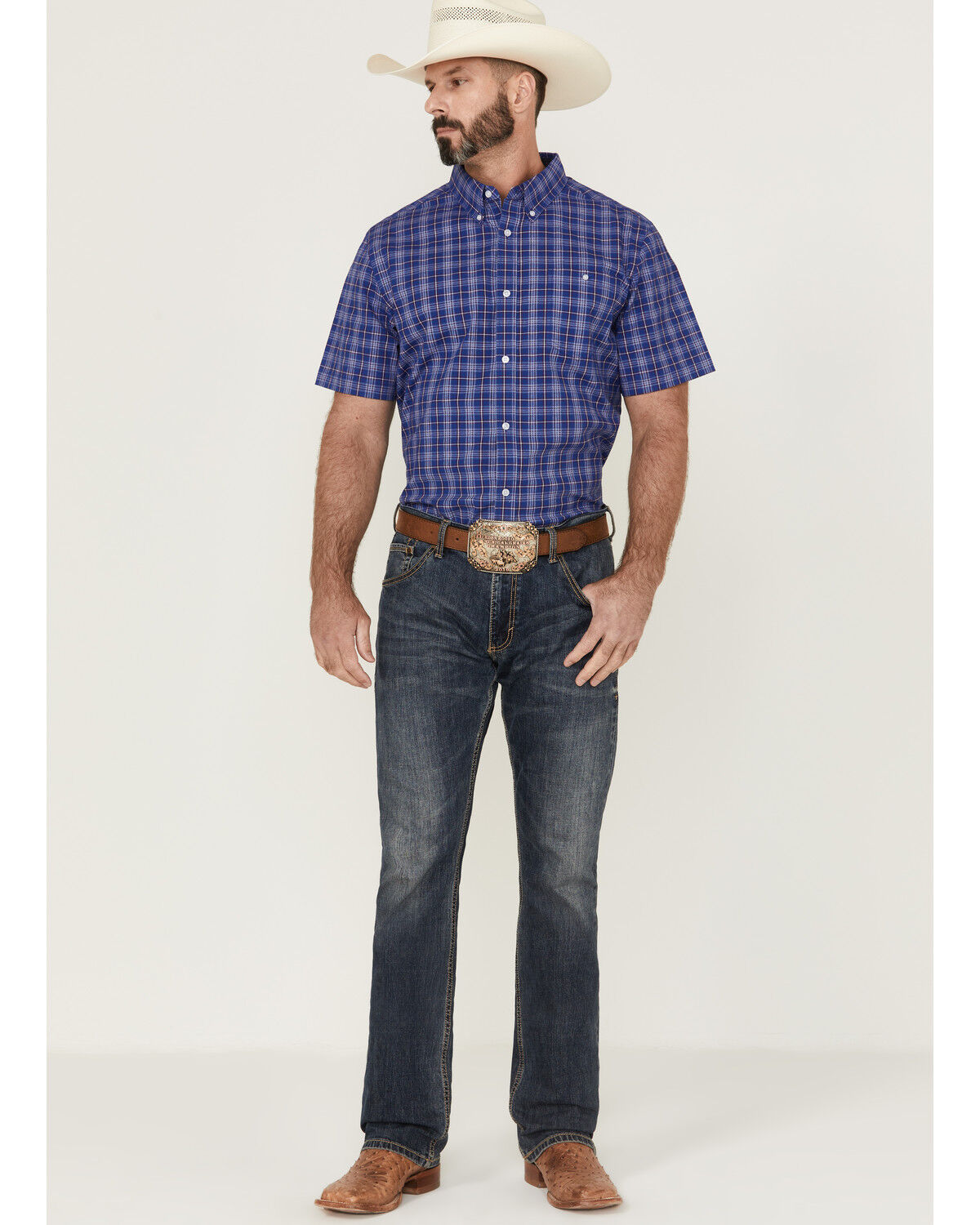 Image #2 - RANK 45® Men's Charge Small Plaid Print Button-Down Western Shirt, Blue, hi-res