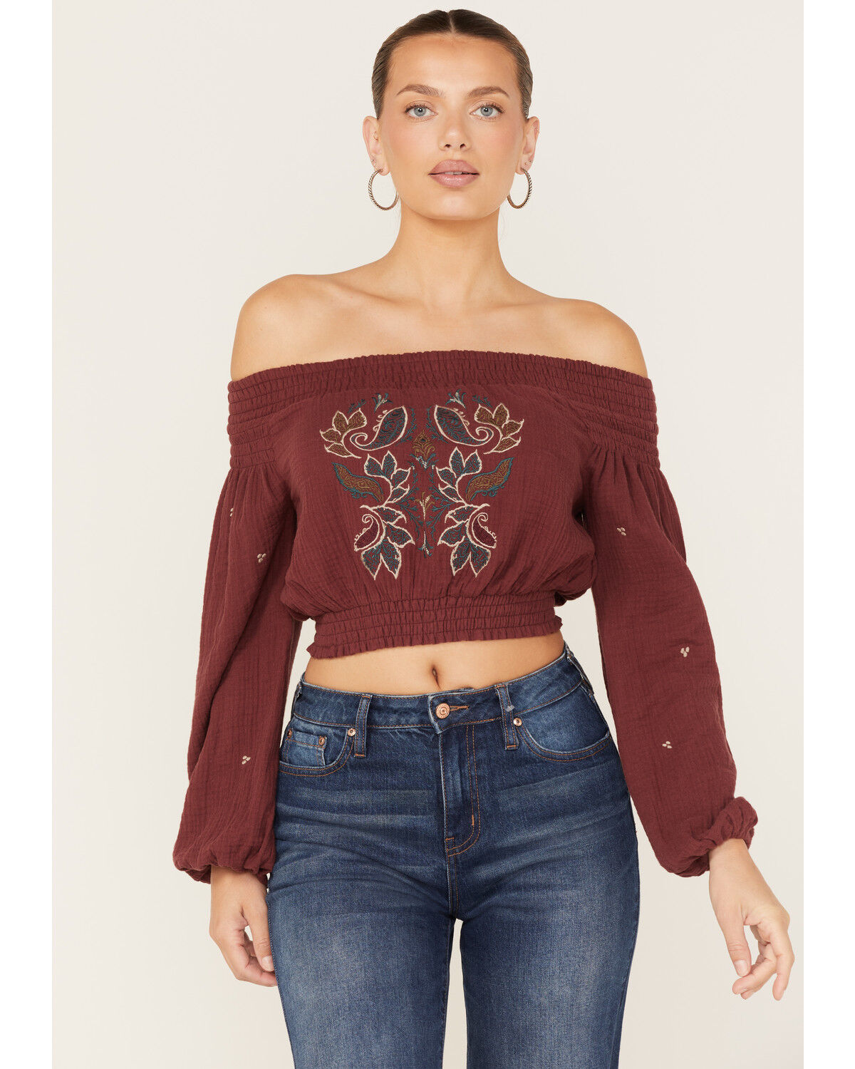Image #1 - Shyanne Women's Off-Shoulder Embroidered Crop Top, Wine, hi-res