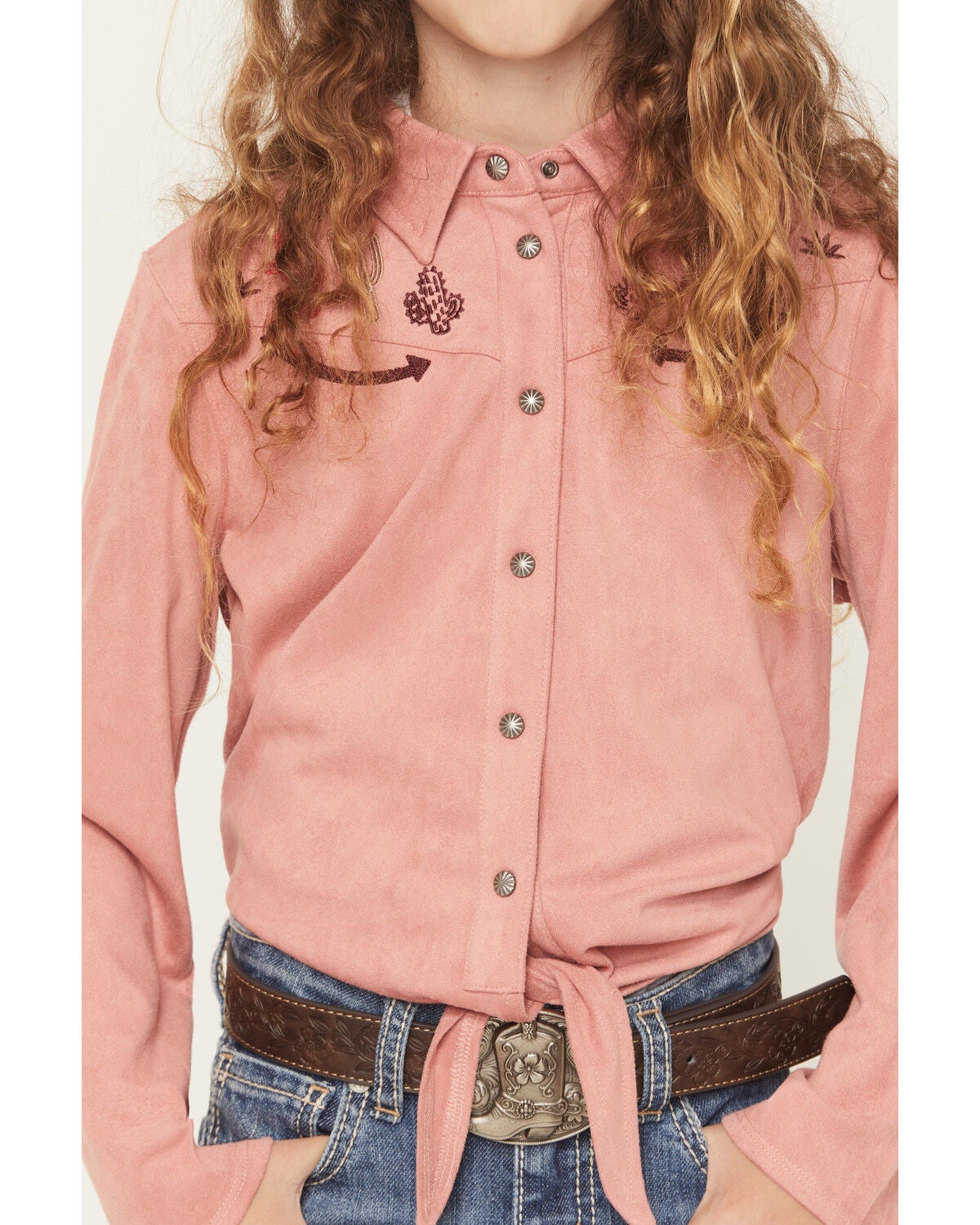 Image #3 - Shyanne Girls' Casey Faux Suede Embroidered Fringe Long Sleeve Western Shirt, Mauve, hi-res