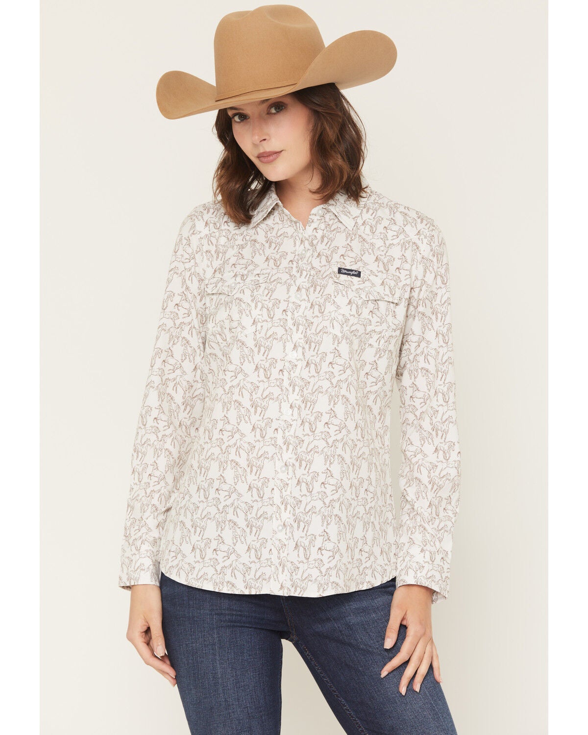 Image #1 - Wrangler Retro Women's Horse Print Long Sleeve Button-Down Performance Western Short, White, hi-res
