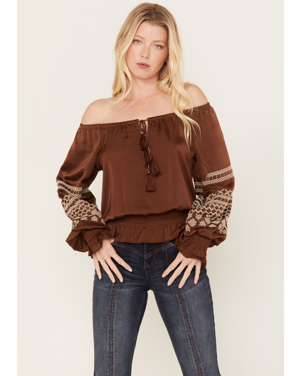 Image #1 - Shyanne Women's Satin Peasant Embroidered Blouse, Dark Brown, hi-res