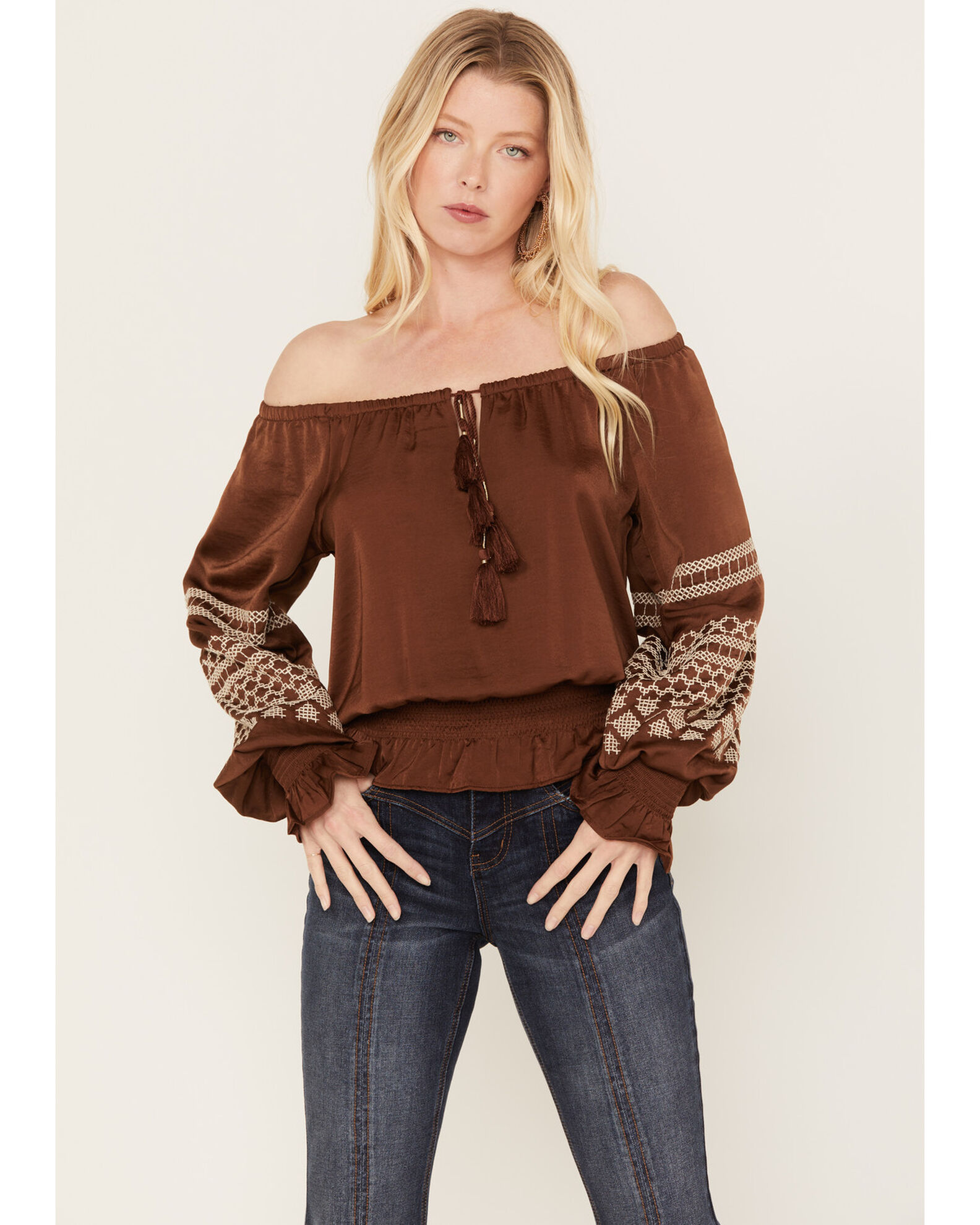 Image #1 - Shyanne Women's Satin Peasant Embroidered Blouse, Dark Brown, hi-res