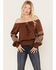 Image #1 - Shyanne Women's Satin Peasant Embroidered Blouse, Dark Brown, hi-res