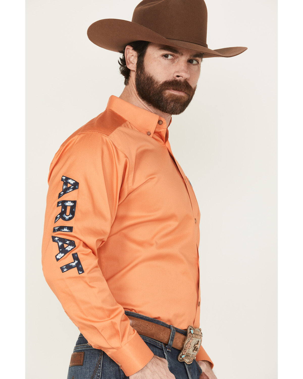 Image #2 - Ariat Men's Team Logo Twill Solid Long Sleeve Button-Down Western Shirt, Orange, hi-res