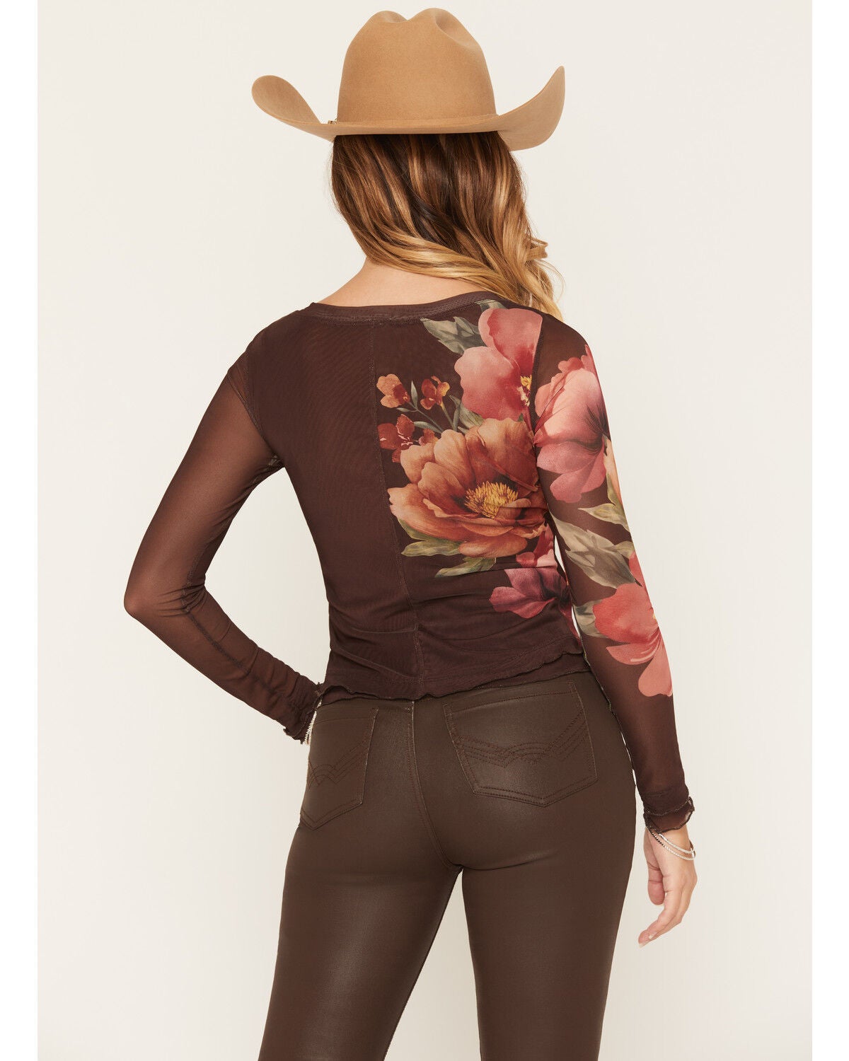 Image #4 - Wild Moss Women's Floral Print Long Sleeve Mesh Top, Brown, hi-res