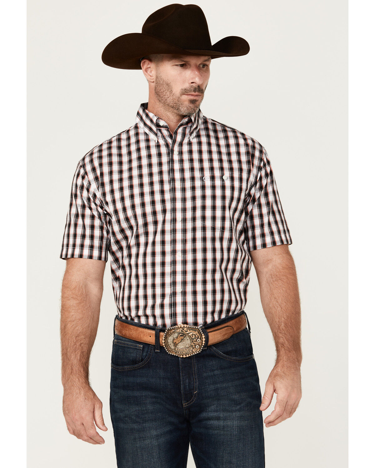 Image #1 - Wrangler Men's Classic Plaid Print Short Sleeve Button-Down Western Shirt, Black, hi-res